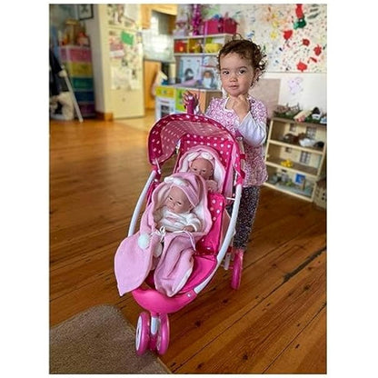 Roma Dotty Dolls Pram with 2 Seats - Dolls Pushchair for 2 Dolls or Teddies, Dolls Double Buggy with Handle Height of 65cm, Suitable for Age 3+, Includes Shopping Basket