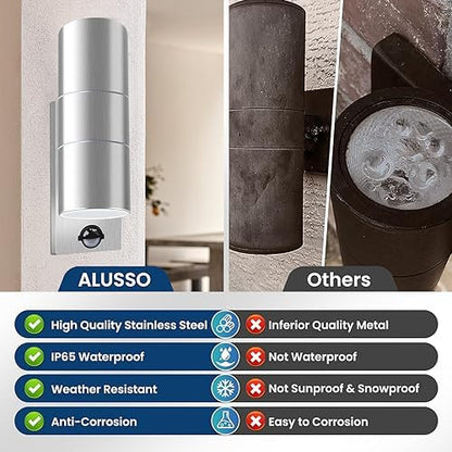 ALUSSO LED Outdoor Wall Light Motion Sensor,IP65 Stainless Steel Up Down Light Mains Powered,Warm White/Neutral White/Cool White Selectable,2x8W GU10 Included,Outside Sconce Wall Mounted for Porch