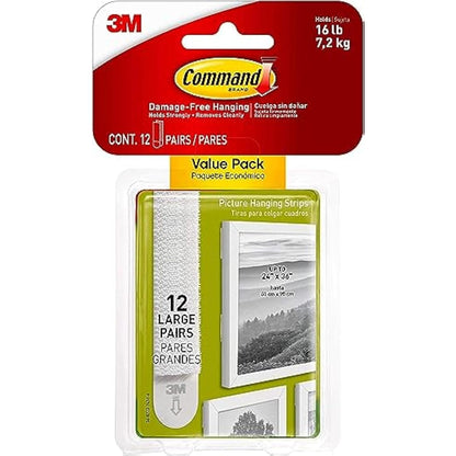 Command Picture & Frame Hanging Strips Value Pack, Large, White - 12 Pairs (24 Strips) - Damage Free Hanging - For Pictures, Frames, Mirrors, Wall décor and Signs