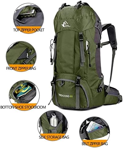 Bseash 60L Waterproof Hiking Camping Backpack with Rain Cover, Lightweight Outdoor Sport Travel Daypack Rucksack for Climbing Skiing