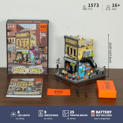 FUNWHOLE Skate-Shop Lighting Building-Bricks Set - Street Fusion City Skate Store Collection LED Light Modular Building Kit 1573 Pcs for Adults and Teen