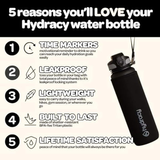Hydracy Water Bottle with Time Marker -Large 1 Litre BPA Free Water Bottle & No Sweat Sleeve -Leak Proof Gym Bottle with Fruit Infuser Strainer & Times to Drink -Ideal for Fitness Sport & Outdoor