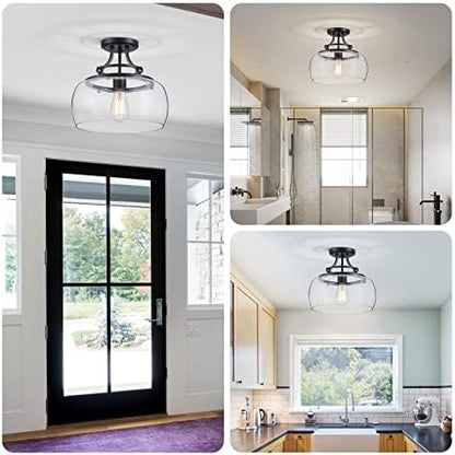 WUZUPS Chandelier Rustic Farmhouse Industrial Round Semi-flushmount Ceiling LED Light Fixture with Clear Glass Shades for Bathroom Kitchen Foyer Entryway, H 30 x W 34, E27 Base, Black