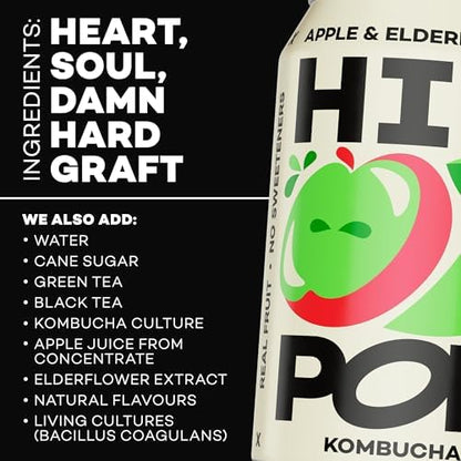 Hip Pop Kombucha, Apple & Elderflower, Low Calorie, 100% Natural, Vegan, Branding of Cans May Vary, 24 x 330 ml