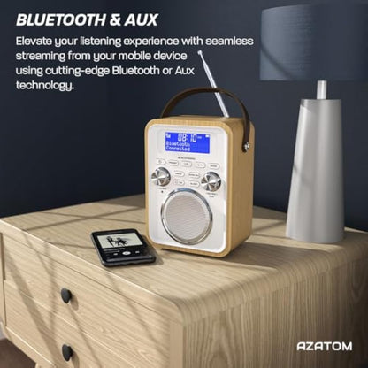DAB/DAB+ & FM Portable Digital Radio | Bluetooth | Remote Control | Rechargeable Battery | Dual Alarms & Sleep Timer | Perfect for Home, Office or Outdoors | AZATOM Blackfriars 2 (OAK)