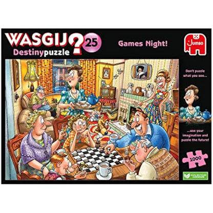 Wasgij Destiny 25, Games Night - 1000 Piece Jigsaw Puzzles for Adults - Colourful, Fun, Challenging & Brainteasing Adults Jigsaw Puzzle, Puzzle the Future - 100% Recycled Cardboard, 1000pcs - Jumbo