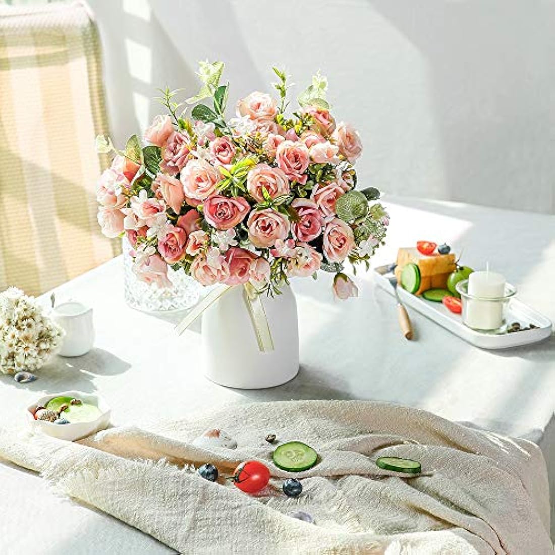 LESING Artificial Silk Rose with Vase Fake Flowers Wedding Flowers Bouquets Arrangement Home Office Party Centerpiece Table Decoration (Pink)