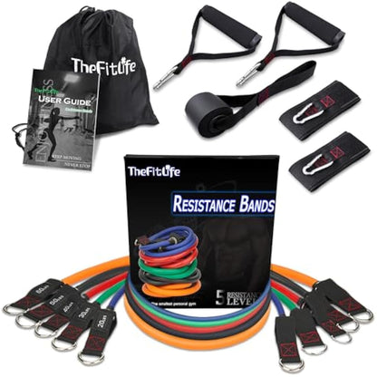TheFitLife Exercise Resistance Bands with Handles - 5 Fitness Workout Bands Stackable up to 110/150/200/250/300 lbs, Training Tubes with Large Handles, Ankle Straps, Door Anchor, Carry Bag