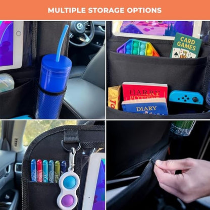 Huckaboo Car Seat Organiser - Kids Back Seat Organiser, Storage Pockets, Screen Holder, Black, 2 Pack