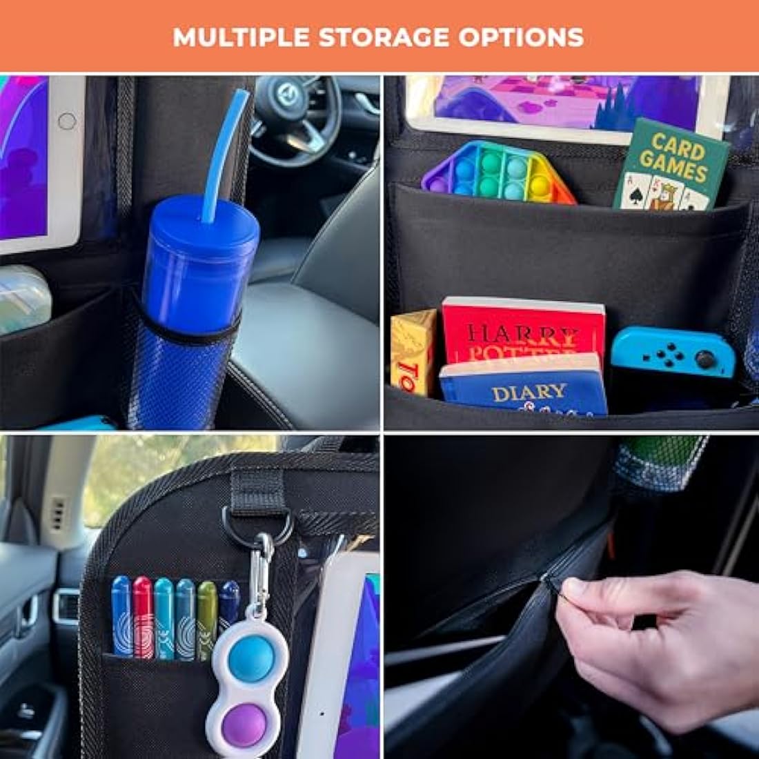 Huckaboo Car Seat Organiser - Kids Back Seat Organiser, Storage Pockets, Screen Holder, Black, 1 Pack