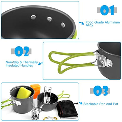 AUTOPkio Camping Cooking Set, Outdoor Camping Pans Pots and Stove - Non Stick Folding Cookware Kit for BBQ Picnic Hiking Backpacking Travel 1-2 Person Use