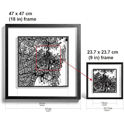 O3 DESIGN STUDIO Sydney Paper Cut Map framed, Black map, Black frame, 9x9 inches, Gift Boxed, 2 background color, self-changing, Paper Art