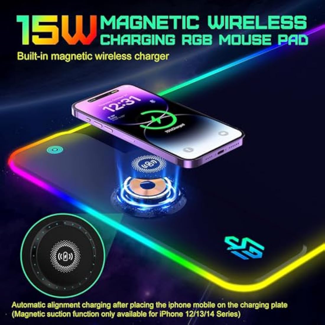 GIM Wireless Charging RGB Gaming Mouse Pad 15W, LED Mouse Mat 800x300x4MM, 10 Light Modes Extra Large Mousepad Non-Slip Rubber Base Computer Keyboard Mat for Gaming (Magnetism-Black)
