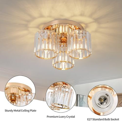 ZYDTRIP Crystal Chandeliers Ceiling Light, 3-Lights Crystal Ceiling Lights Living Room, Modern Gold Semi Flush Light Fittings for Bedroom, Hallway, Bathroom, Foyer, Kitchen Light Fixture