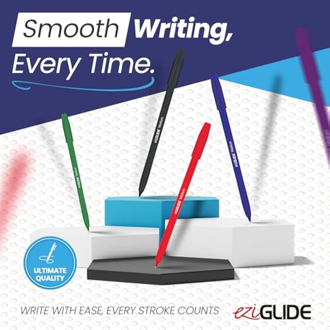 Eziglide 100-Pack Ballpoint Pen Set, 5 Assorted Colours – Medium Point Nib (1.0mm) for Smooth Writing – Multipack Fine Ballpoint Pens for Home, Office, Work, School & Colourful Writing