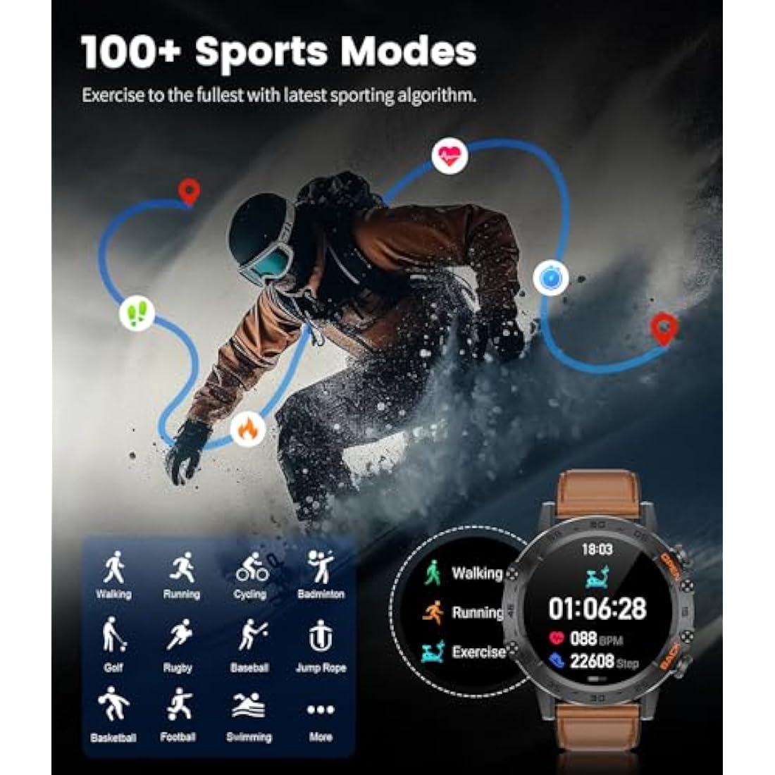 FEELNEVER Military Smart Watch for Men, Bluetooth Voice Call Compatible Android iOS Phone, 1.39" HD Smartwatch with Heart Rate Pressure Sleep Monitor 100+ Sports, IP67 Waterproof Watches with 3 Straps