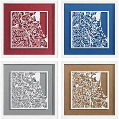 O3 DESIGN STUDIO Aberdeen Paper Cut Map framed, White map, White frame, 23x23 cm, Gift Boxed, 4 background color, self-changing, Paper Art