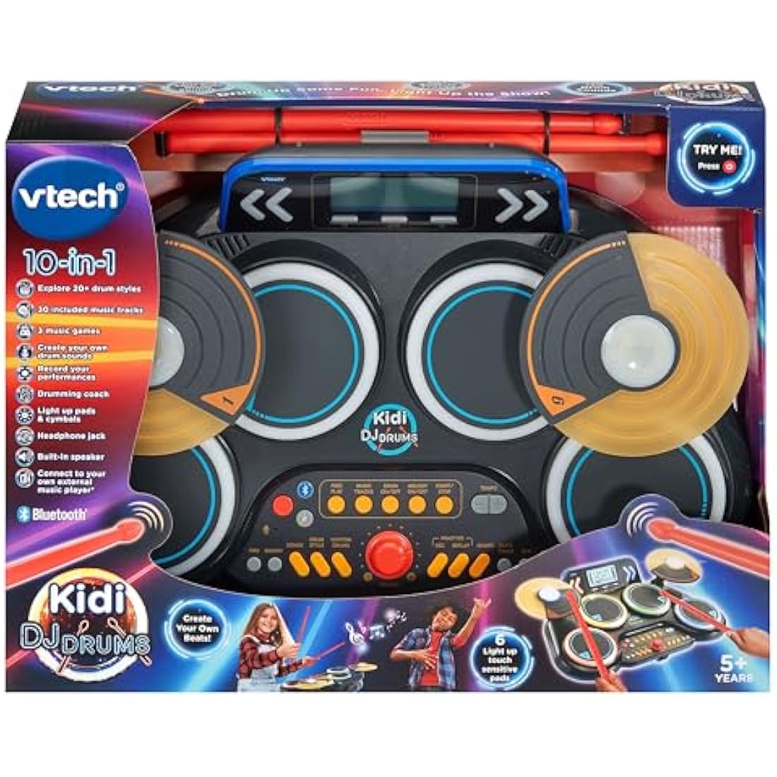 VTech Kidi DJ Drums, Light-up Electronic Drum Kit for Kids, with 4 Drums, 2 Cymbals, Drum Sticks, Bluetooth, Coach Mode and More, Music Toy for Ages 5, 6, 7Plus Years, English Version