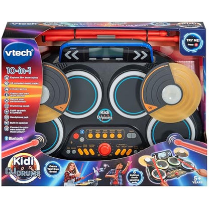 VTech Kidi DJ Drums, Light-up Electronic Drum Kit for Kids, with 4 Drums, 2 Cymbals, Drum Sticks, Bluetooth, Coach Mode and More, Music Toy for Ages 5, 6, 7Plus Years, English Version