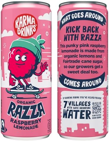 Karma Drinks Razza Raspberry Pink Lemonade (250ml x 24 Cans Soft Drink), Organic, Gluten Free Lemonade cans, Natural Ingredients, FairTrade, Vegan Friendly, No GMO, Carbonated Fizzy Drinks 24 Pack