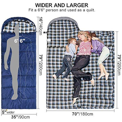REDCAMP Cotton Sleeping Bag for Adult with Removable Pillow, Wide Sleeping Bag with Hood for 3-4 Season Winter Cold Weather Camping Fishing