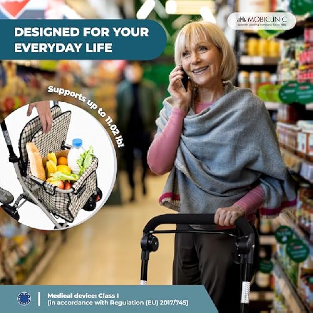Mobiclinic®, Shopping Trolley with Seat, Mobility Walker, 21L, Walker for Adults, Foldable, Rollator, Trolley with Backrest, Shopping Trolley on Wheels, Bag Removable, Directional Locking