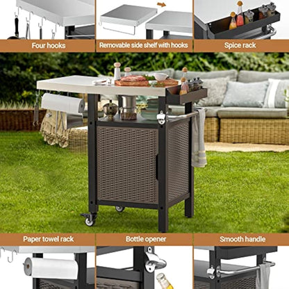 Onlyfire BBQ Storage Cart Table,Garden Serving Trolley Table With Seasoning box and Closed Storage Space,for Outdoor Grilling and Cooking