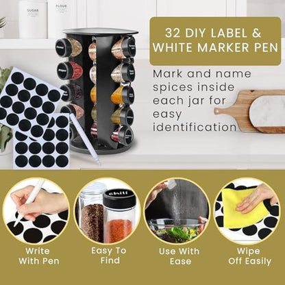 Wize Products - Black Countertop Rotating Spice Rack, 20 Empty-Jars Revolving Organiser 360°, Free Standing Round Carousel Tower, Spice Labels with Funnel for Kitchen Countertop