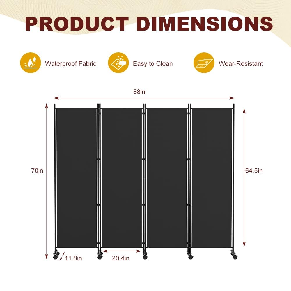 HIDODO 4 Panel Room Divider Folding Privacy Screen, Freestanding Room Partition with Lockable Wheels, Portable Wall Divider for Room Separation