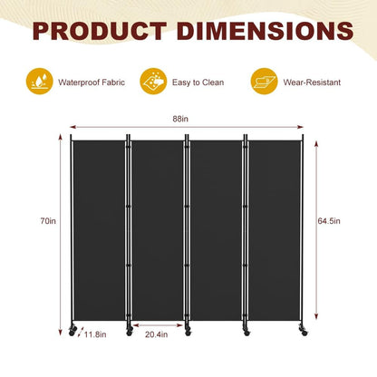 HIDODO 4 Panel Room Divider Folding Privacy Screen, Freestanding Room Partition with Lockable Wheels, Portable Wall Divider for Room Separation