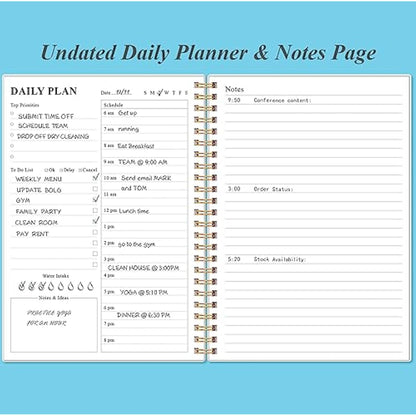 Daily Planner Undated - A5 To Do List Notebook Hourly Schedules, Spiral Appointment Planner for Women and Men, PVC Hardcover, Inner Pocket, Elastic Closure, 5.8" x 8.5", Blue Watercolor