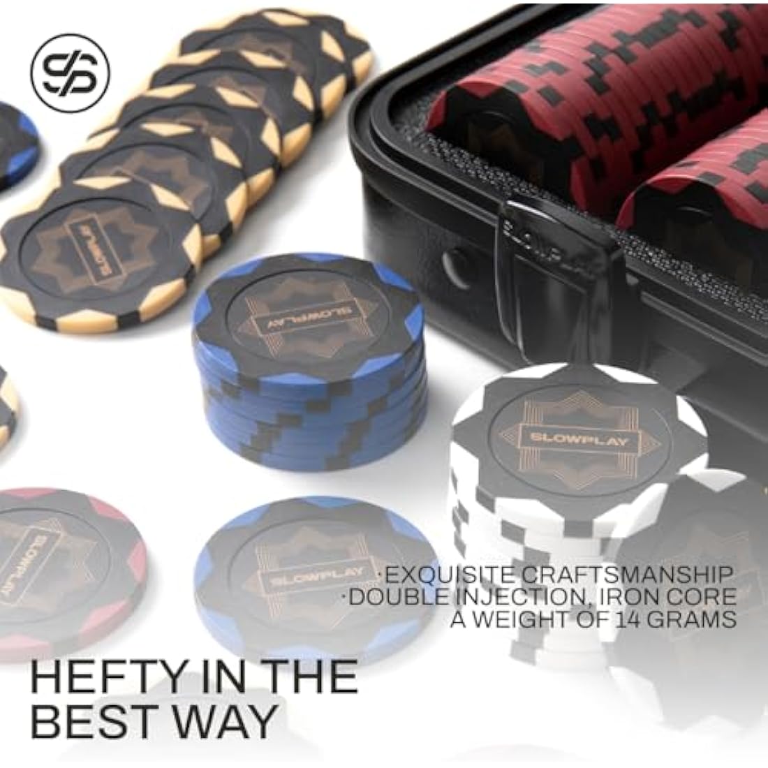 SLOWPLAY Nash 14 Grams Clay Poker Chips Set for Texas Hold’em, 300 PCS [Blank Chips] Features a High-end Chip case with Extra Durable German Polycarbonate Shell, for Poker Players