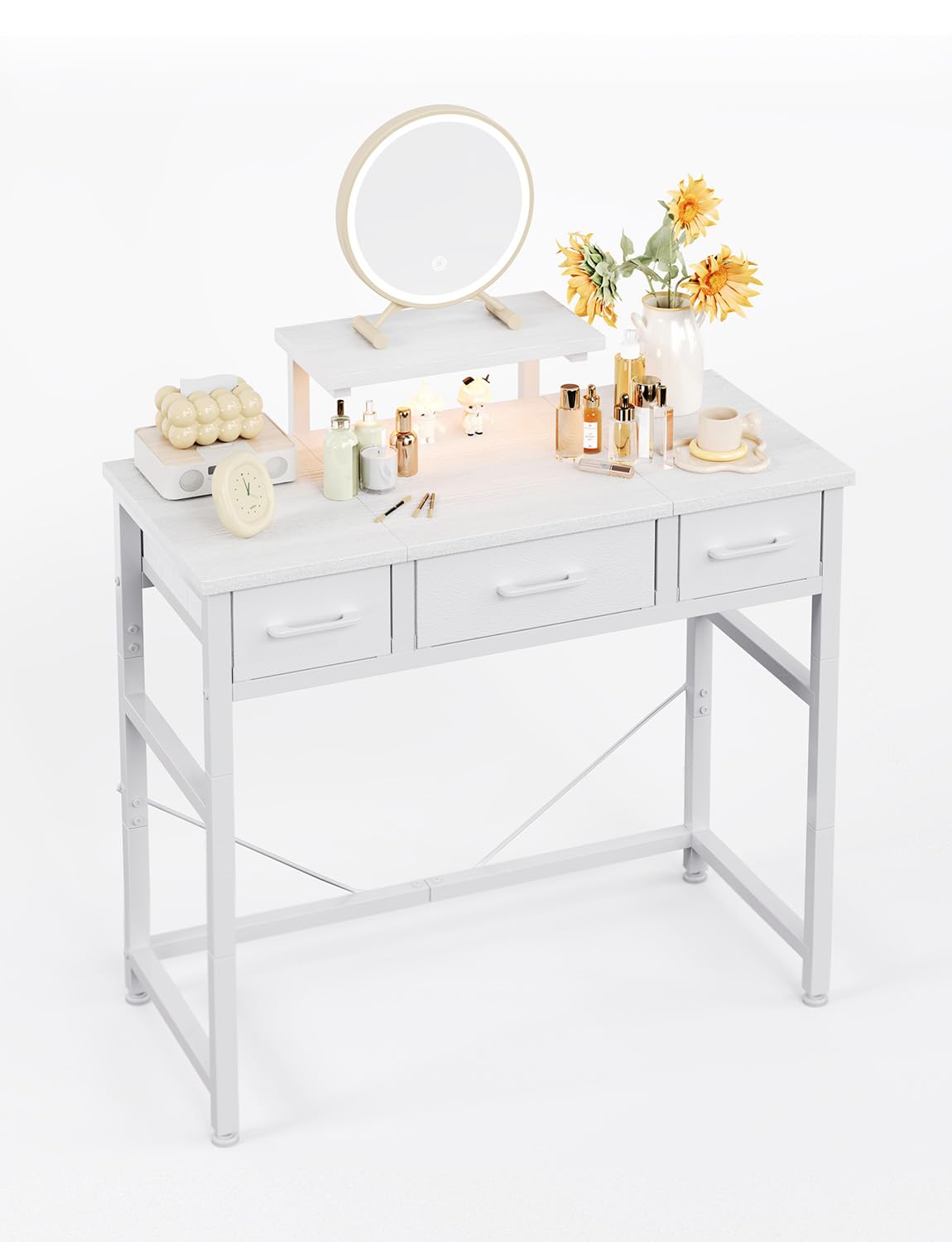 KitMent Small Desk with 3 Fabric Drawers, Small Computer Desk with Adjustable Monitor Stand and Hook, 76x36cm Table for Makeup Vanity