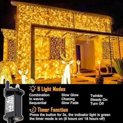 yowin Curtain Lights 600 LED 6m x 3m Gazebo Lights Mains Powered with Timer, 8 Modes Curtain Fairy Light Outdoor Waterproof Wall Hanging Light for Pergola Indoor Bedroom Wedding Garden Decorations