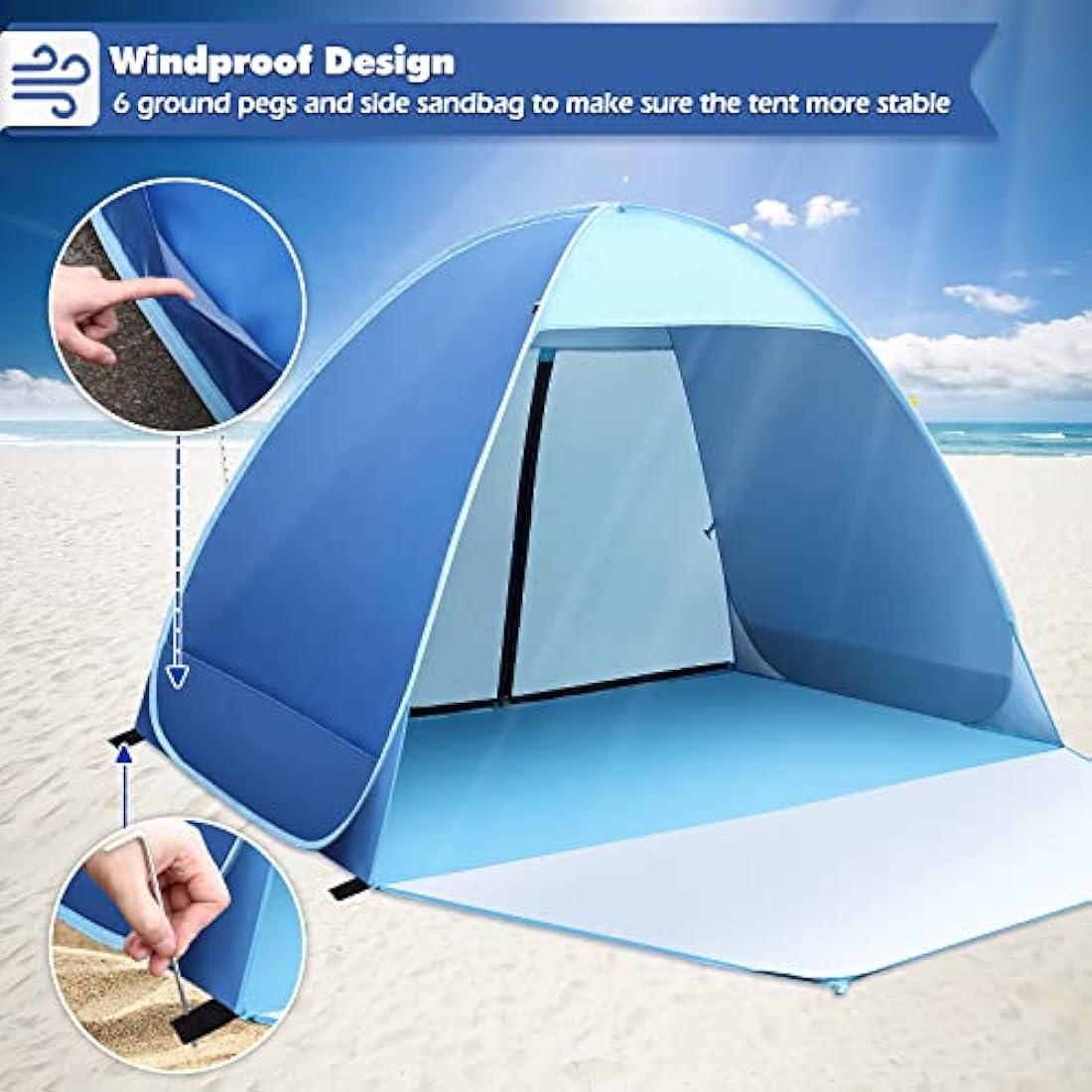 Pop Up Beach Tent, Beach Tent UV 50+ Protection Automatic Beach Tent Shelter Portable Sun Shade Tent with Front Extended Floor Zipper Back Door for Beach, Garden