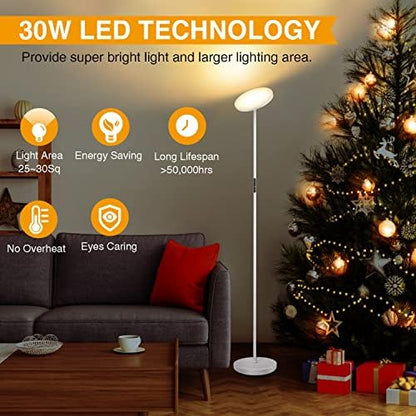 OUTON LED Uplighter Floor Lamp 30W 3000LM, Bright Modern Torchiere Dimmable Standing Lamp, Remote Touch Control & 4 Color Temperatures, 1 Hour Timer for Living Room, Bedroom, Office, White