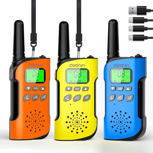 AWANFI Walkie Talkies for Kids Rechargeable, 3 Pack Walkie Talkie with 1000mAh Battery, Long Range Walky Talky with Flashlight, VOX, USB-C Cable, for Outdoor Camping, Kids Toy for 3-12 Years Old