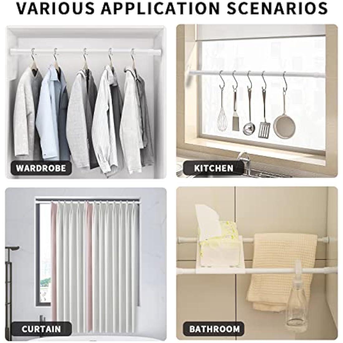 Vista 105-190cm Extendable Curtain Poles No Drill Tension Rods Extendable Curtain Rod Adjustable for DIY Projects, Cupboard, Kitchen, Bathroom, Bookshelf, Wardrobe, Window, 2 Pack White