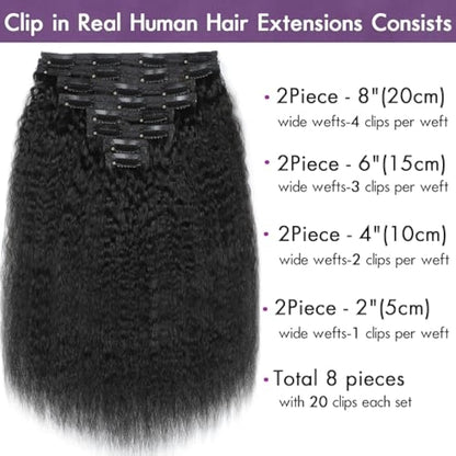YDDM Kinky Straight Clip ins Human Hair Natural Black Remy Human Hair Extensions Natural Thick Clip in Hair Extensions for Black Women 14 Inch 120g 8pcs 20Clips