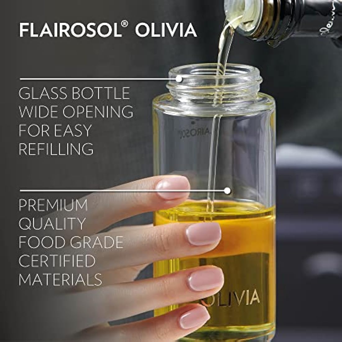 FLAIROSOL OLIVIA. The Original Advanced Oil Sprayer for Cooking, Salads, BBQs and More, Continuous Spray with Portion Control, Trusted by Chefs. Patented Technology (Glass Bottle) (Golden Leaves)