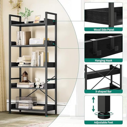 YITAHOME Bookcase 5 Tiers, Floor Standing Book Shelf, Wooden Shelves and Stable Steel Frame Shelving Units with 4 Hooks Industrial Storage for Living Room, Home Office, Black Bookcases