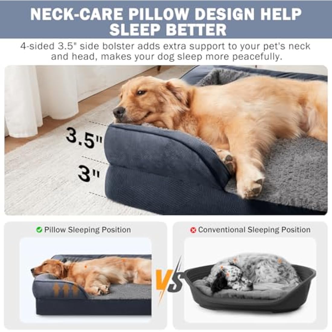 JOEJOY XXL Dog Bed, Orthopedic Memory Foam, Washable, Dark Grey, Fits up to 120lbs, Good for Large Dogs