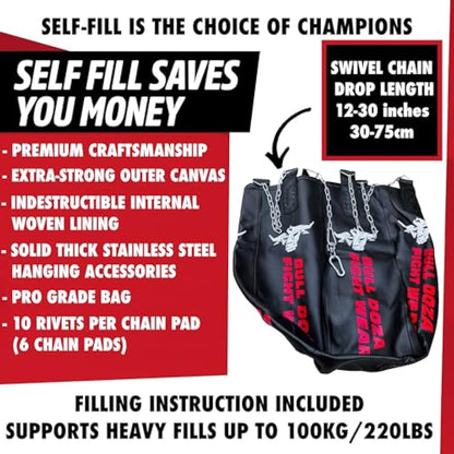 Bullet Punch Bag - Huge - Self-Fill Punch Bag - 100kg Filling Capacity, Heavy-Duty, Stainless Steel Chains Swivel - Most Aggressive Boxing Bag - Bull Doza Fight Wear