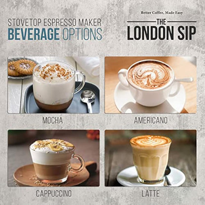 The London Sip Stainless Steel Induction Stovetop Espresso Maker - Make Cafe Quality Italian Style Coffee at Home with This Premium Moka Pot in Modern Chrome Company. (Silver, 3 Cup)