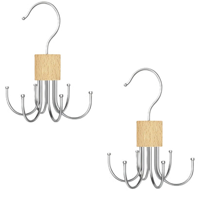 Belt & Tie Hanger Closet Organizer with 6 Rotating Hooks – Space-Saving Clothes Rack for Belts, Ties, Scarves, Hats (Wood color2pcs)