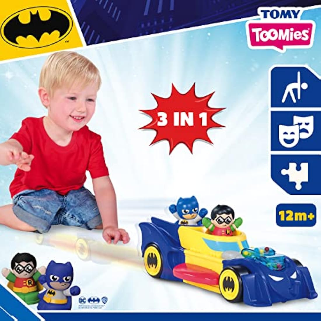 Toomies DC Comics BATMAN E73262 3 in 1 Batmobile from Vehicle Transforms into Mini Batmobile and Jet – Engine Popping Effect – Flywheel Drive Push Along – From 12 Months