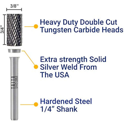 10pc Carbide Burr Set 1/4" Shank Tungsten Double Cut Rotary Die Grinder Bits - Cutting Burrs for Most Drills and Die Grinding Accessories - Wood Carving Metal Working & Sturdy Storage Case