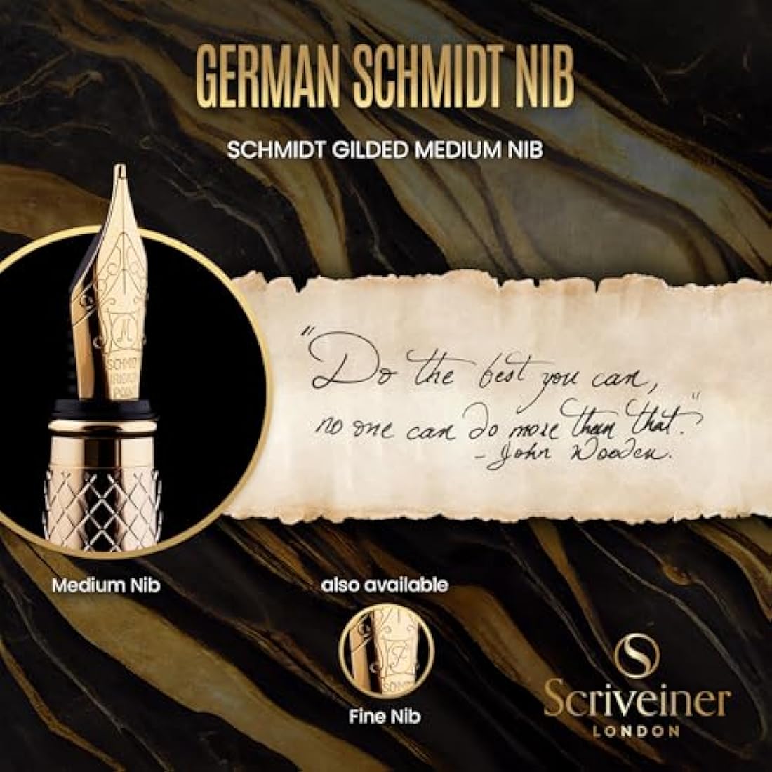 Scriveiner Luxury Fountain Pen - Stunning Gold Pen, Real Gold Plating, Schmidt Gilded Nib (Medium), Converter, Best Pen Gift Set for Men & Women, Professional, Executive, Office, Nice Pens