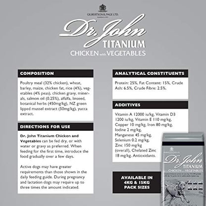 Dr. John Titanium Complete Dry Dog Food 15kg - Chicken, Vegetables and New Zealand Green-Lipped Mussel - Complete Nutrition for Active Adult and Junior Dogs