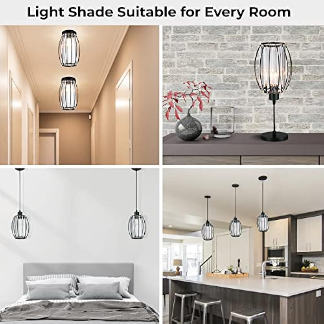 GIGGI Small Black Crystal Light Shade 16cm x 20cm, Cylinder Shape with Oval Rings, Lampshades for Ceiling Lights & Bedside Lamps, Lamp Shades for Bedroom, Living Room, Kitchen, Hallway